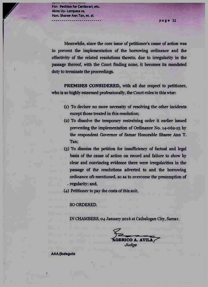 The dis positive portion of the court order dismissing the petition of Board Member Uy 